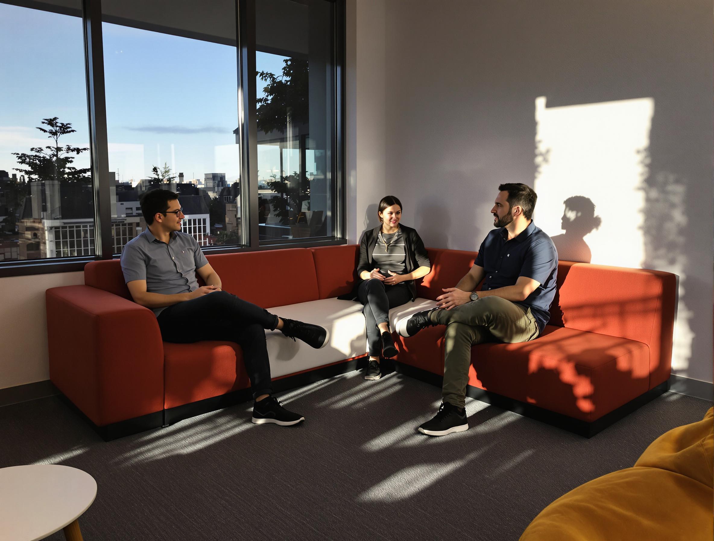 Team members in a bright office space with city views